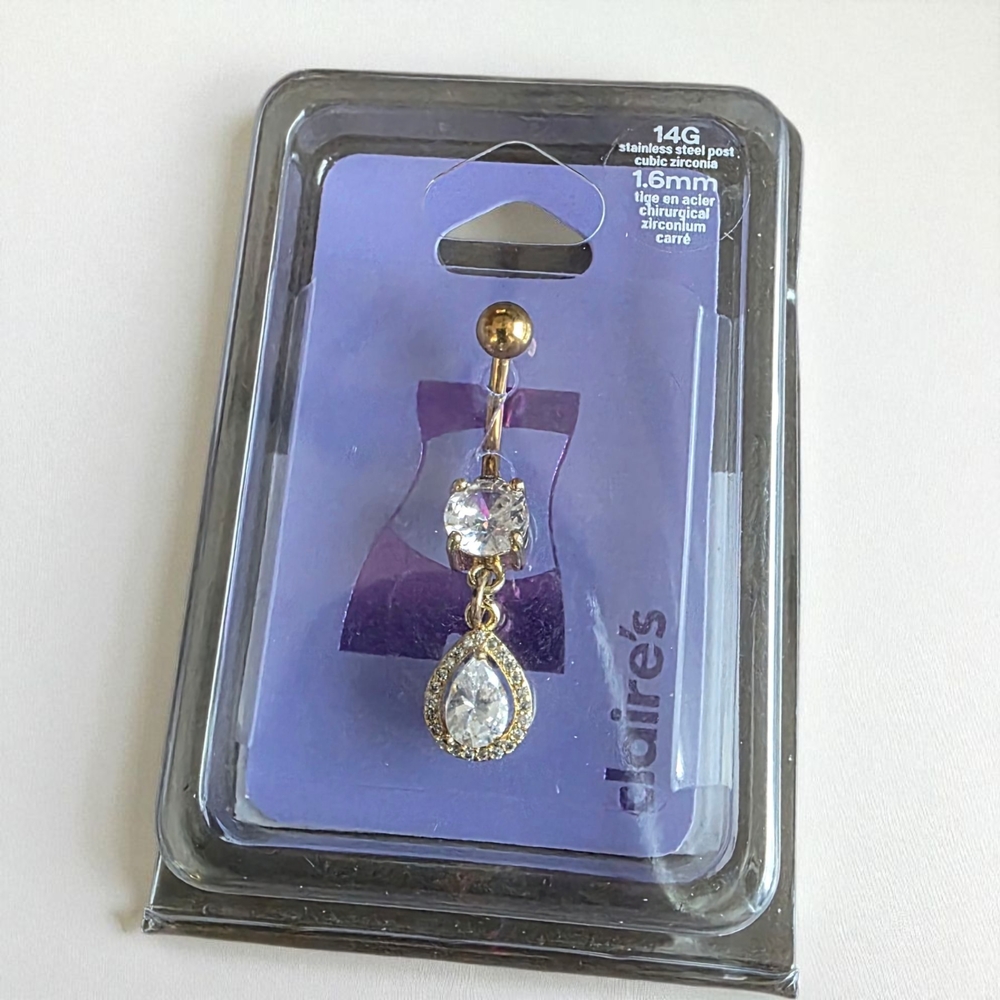 Claire's Silver Belly Ring with Clear Gems